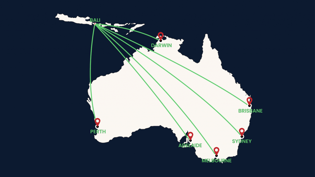 Map showing flight path from Bali to Australian cities