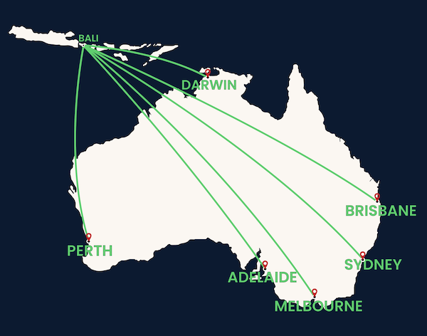 Map showing the flight path for the Medical Rescue air ambulance from Bali to Australian capital cities